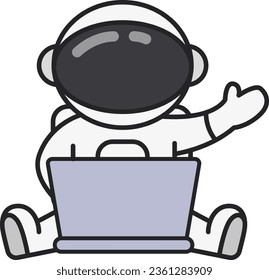 astronaut working on laptop computer, flat style icon vector illustration