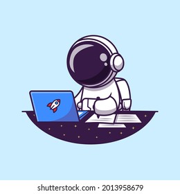 Astronaut Working On Laptop And Writing Cartoon Vector Icon Illustration. Science Business Icon Concept Isolated Premium Vector. Flat Cartoon Style