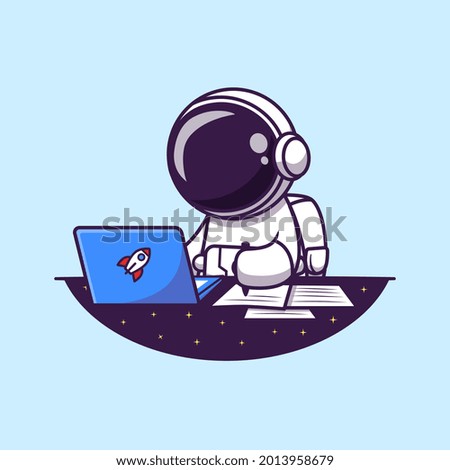 Astronaut Working On Laptop And Writing Cartoon Vector Icon Illustration. Science Business Icon Concept Isolated Premium Vector. Flat Cartoon Style
