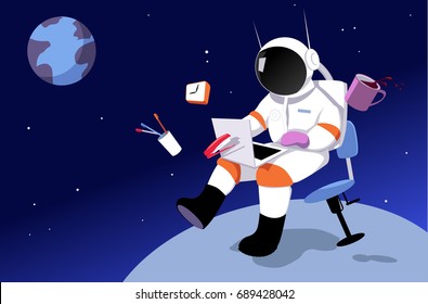 An astronaut working in on a laptop in zero gravity, surrounded by office tool, away from Earth as a metaphor for a remote job, EPS 8 vector illustration 