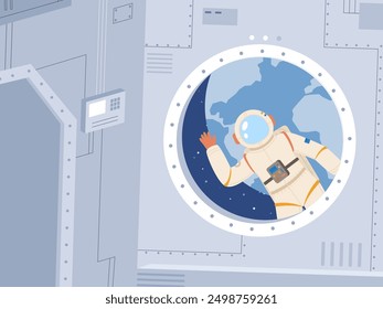 Astronaut working in outer space and looking in spaceship. Greeting from cosmonaut from universe, cosmos adventures and travel, vector scene