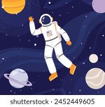 Astronaut working in outer space. Universe explorer, interstellar adventures and travel. Cartoon cosmonaut character snugly vector scene