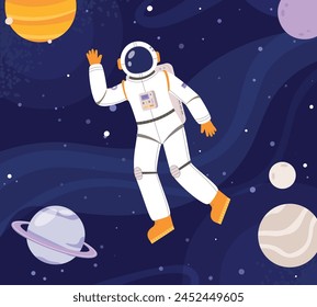 Astronauta trabajando en el espacio exterior. Explorador del universo, aventuras interestelares y viajes. Personaje cosmonauta de dibujos animados escena de Vector ajustado