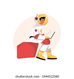 Astronaut works on laptop. Scientist in space suit engaged in research activities from computer. Astronautics, mission to open space concept. Vector character illustration isolated on white background