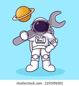 Astronaut with wrench Cartoon Illustration Vector file. Isolated Premium Vector icon, every object is on separated layer. Flat Cartoon Style