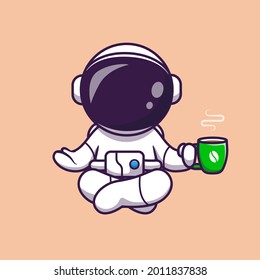 Astronaut Yoga With Coffee Cartoon Vector Icon Illustration. Science Drink Icon Concept Isolated Premium Vector. Flat Cartoon Style