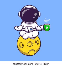 Astronaut Yoga auf dem Mond mit Coffee Cartoon Vektorsymbol Illustration. Science Sport Icon Konzept isoliert Premium Vektorgrafik. Flachbildkartonstil