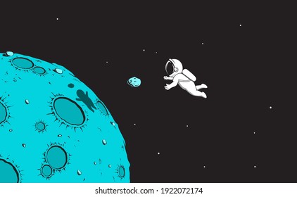 astronaut in zero gravity catching the mini asteroid.Vector illustration