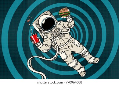 Astronaut In Zero Gravity With Fast Food. Pop Art Retro Vector Illustration