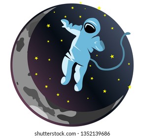 Astronaut Is In Zero Gravity, In Space. Against The Moon. Isolated On White Background.