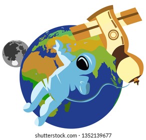 Astronaut is in zero gravity, in space. On the background of the earth, moon and spacecraft. Isolated on white background.