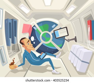 Astronaut In Zero Gravity. Vector Flat Cartoon Illustration