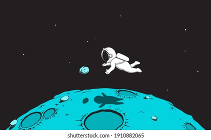 astronaut in zero gravity.Spaceman catches a stone.Vector illustration