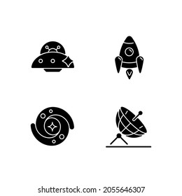 Astronautic black glyph icons set on white space. Antenna designed to receive information by radio waves. System of stars and stellar remnants. Silhouette symbols. Vector isolated illustration