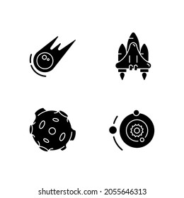 Astronautic black glyph icons set on white space. Gravitationally system of sun and planets around it. Earth natural satellite that travels around it. Silhouette symbols. Vector isolated illustration