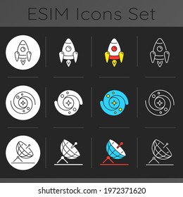 Astronautic dark theme icons set. Tool for making star maps and maps of planetary surfaces. Optical instrument. Linear white, solid glyph and RGB color styles. Isolated vector illustrations