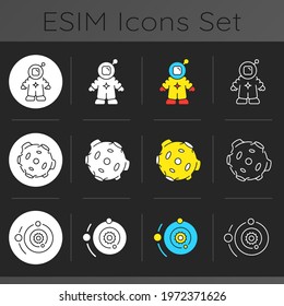 Astronautic dark theme icons set. Person trained by spaceflight program to serve as crew member. Orbital spacecraft. Linear white, solid glyph and RGB color styles. Isolated vector illustrations