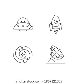 Astronautic linear icons set. Antenna designed to receive information by radio waves. System of stars. Customizable thin line contour symbols. Isolated vector outline illustrations. Editable stroke