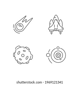 Astronautic linear icons set. Gravitationally system of sun and planets. Earth natural satellite. Customizable thin line contour symbols. Isolated vector outline illustrations. Editable stroke