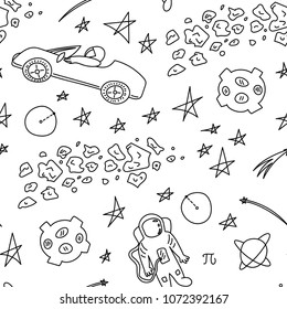 Astronautic seamless pattern, hand drawn vector illustration in simple style