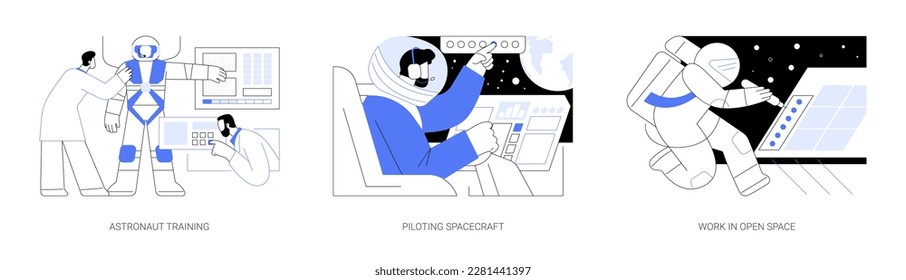 Astronautics abstract concept vector illustration set. Astronaut training in spaceship cockpit, piloting spacecraft, work in open space, microgravity environment, space exploration abstract metaphor.