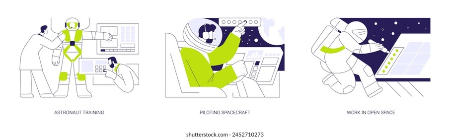 Astronautics abstract concept vector illustration set. Astronaut training in spaceship cockpit, piloting spacecraft, work in open space, microgravity environment, space exploration abstract metaphor.