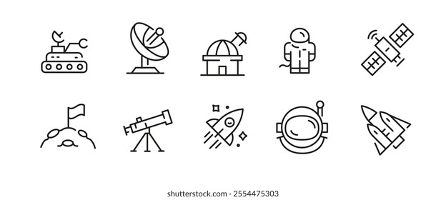 Astronautics icons. Set of 10 space trendy minimal icons. Example: Spaceman, spaceship, Planet, UFO, Telescope, Comet icon. Design signs for web page, mobile app, packaging design. Vector illustration