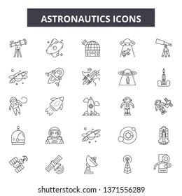 Astronautics line icons, signs set, vector. Astronautics outline concept, illustration: astronaut,space,science,spaceman,cosmos,planet,symbol