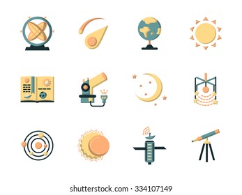 Astronautics and space flat color style vector icons set. Science and education symbols. Elements of web design for site or mobile app.