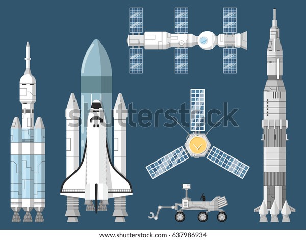 宇宙飛行士と宇宙技術セット スペースシャトル 宇宙ロケット 宇宙船 軌道衛星 火星探査機 宇宙ステーションのベクターイラスト フラットデザインの宇宙船コレクション のベクター画像素材 ロイヤリティフリー