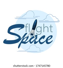 Astronautics. Spaceship.Vector flying rocket, space shuttle, spaceship launch, aviation. Emblem, sticker. Design for textiles.
