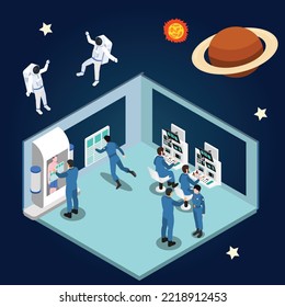 Astronauts aboard a interstellar spaceship isometric 3d vector illustration concept for banner, website, illustration, landing page, flyer, etc.