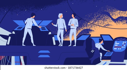 Astronauts aboard of spacecraft. Interstellar spaceship crew on the bridge. Futuristic scene of spacefaring. Flat vector textured cartoon illustration or space exploration team in starship.