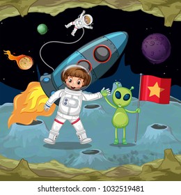 Astronauts and alien holding hands in space illustration