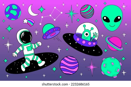 Astronauts and Alien in space cartoon vector illustration. Space travel and exploration.