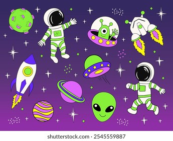 Astronauten und Außerirdische im Weltraum Cartoon, Vektorgrafik. Raumfahrt und Erforschung.