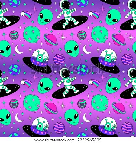 Astronauts and Alien in space cartoon vector illustration. Space travel and exploration seamless pattern