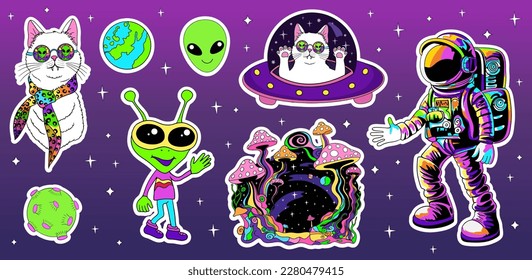 Astronauts and Alien in space, cute cat, psychedelic mushrooms. Stickers cartoon set. 