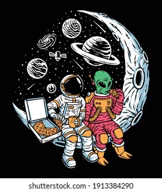 Astronauts and aliens chill together on the moon illustration