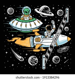 Astronauts and aliens doing races in space illustration