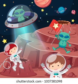 Astronauts and aliens exploring space illustration