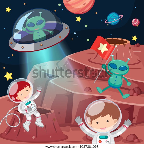Astronauts and\
aliens exploring space\
illustration