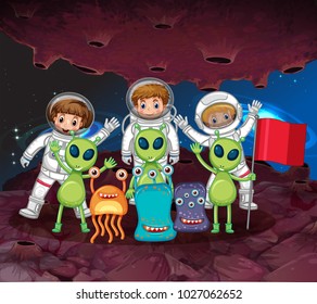 Astronauts and aliens on the same planet illustration
