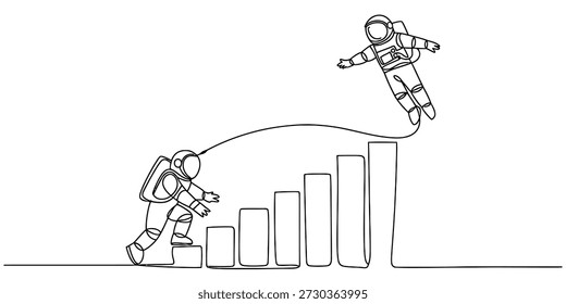 Astronautas barras de gráficos ascendentes que simbolizan el crecimiento de la carrera y el Vector de logros, ilustración