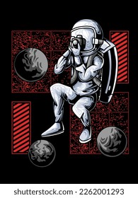 astronauts become photographers in space, take pictures with a camera, suitable for printing on clothing, apparel, merchandise, hoodies, t-shirts, stickers, posters.