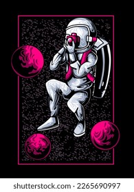 astronauts become photographers in space, take pictures with a camera, suitable for printing on clothing, apparel, merchandise, hoodies, t-shirts, stickers, posters.