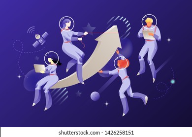 Astronauts with a big arrow in an open space. Vector metaphoric illustration of boosting or growing business. Modern people characters with gadgets. 