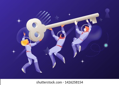 Astronauts with a big key in an open space. Vector metaphoric illustration of key solution in business. Modern people characters holding the key.