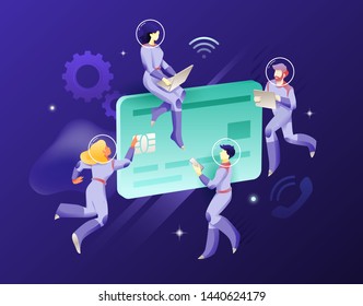 Astronauts with big plastic card. Vector illustrative metaphor of banking, contactless payments, cashless technologies, internet shopping, credit cards. 