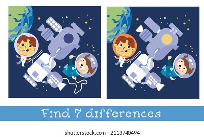 Astronauts boy and dog near space station. Characters in cartoon style. Find 5 differences. Game for children. Vector full color illustration.